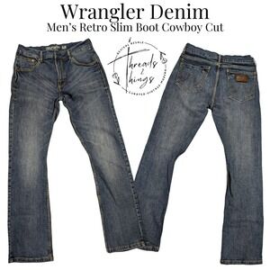 Wrangler Jeans Men 32 34 Blue Denim Retro Slim Boot Low Cowboy Cut Leather Rodeo